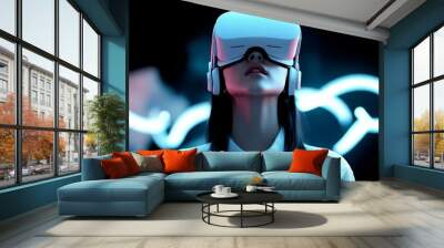 Stylish woman using a virtual reality headset surrounded by vibrant blue and white lights, symbolizing technological advancement and immersive experiences. Wall mural