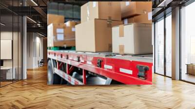 the organized loading of cardboard boxes on a truck bed, preparing for transport and delivery servic Wall mural