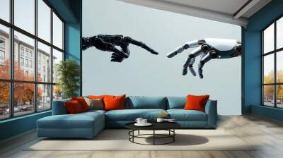 Two robotic hands are depicted inching closer, enveloped in a futuristic aura, representing the ever-evolving bond between artificial intelligence and engineering. Wall mural