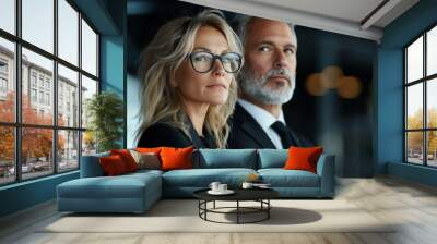 Two well-dressed executives in a professional setting display thoughtful expressions, representing leadership, responsibility, and strategy in the corporate world. Wall mural