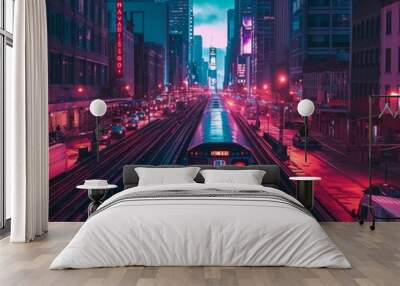 Urban neon photography of train going on railway Wall mural