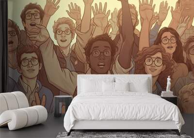 Vector illustration of different people waving with their hands up in the air Wall mural