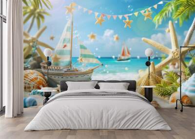 Beach-themed summer decorations with miniature sailboat, seashells, and starfish on tropical sand Wall mural