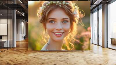 Beautiful smiling bride in a floral garden with soft bokeh background Wall mural