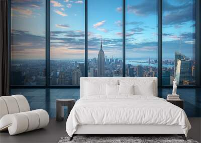 Modern city skyline view through large glass windows in a high-rise building Wall mural