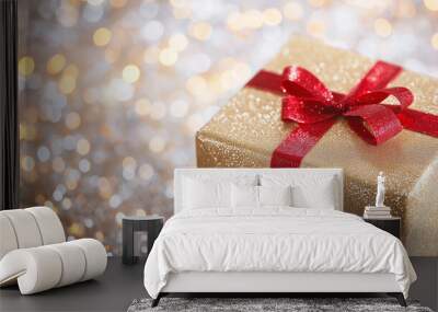 Sparkling gold gift box with red ribbon against festive bokeh background Wall mural