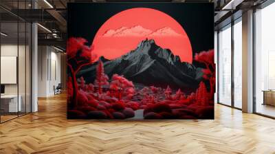 Surreal mountain landscape with red trees and a vibrant red sun on the horizon Wall mural