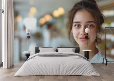 Young woman with a natural smile in a modern, bright spa interior Wall mural