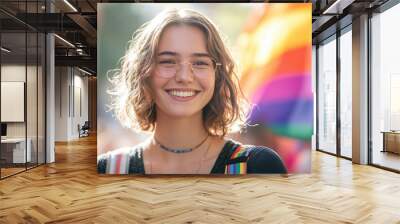 Mulheres jovens sorrindo com bandeira do orgulho LGBTQIA+ em marcha ao ar livre durante o dia, capturadas em close-up, com fundo desfocado, criadas por IA generativa
 Wall mural