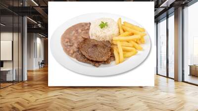 Beef, rice, beans and french fries. Typical brazilian executive dish isolated over white background Wall mural