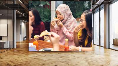 Friends Enjoying Meal In Outdoor Restaurant Wall mural