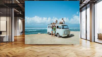 Group of young cheerful and smiling while leaning at retro style Wall mural