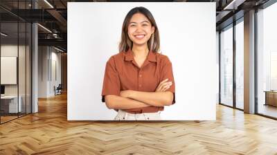 young beautiful ethnic asian woman stand with crossed hands on isolated background Wall mural