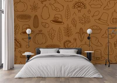 Subtle brown on brown hand drawn thanksgiving seamless pattern doodle Wall mural