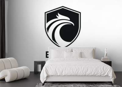 Eagle with shield logo design vector in black and white color modern retro minimalist for business company or security Wall mural