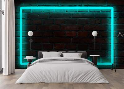 blue neon light on a brick wall at night Wall mural