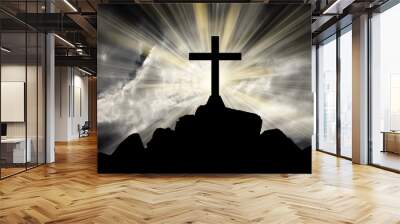 cross with bright sun and dark clouds background Wall mural