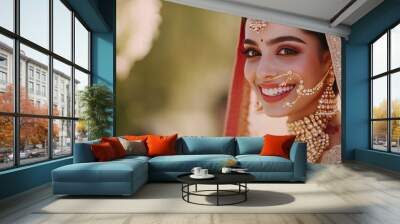 A beautiful portrait of a bride in traditional attire, her face glowing with happiness and adorned with intricate jewelry. Wall mural