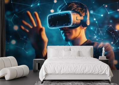 A futuristic metaverse concept with a virtual reality headset user surrounded by a digital cyber world, exploring blockchain-powered global networks. Wall mural