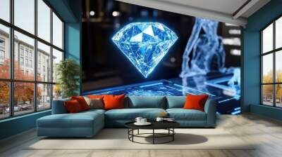 A luminous diamond suspended in mid-air, surrounded by detailed holographic data displays highlighting its perfect cut, clarity, and color in a futuristic setting. Wall mural