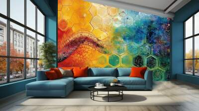 A vibrant digital representation of hexagonal patterns alongside intricate genetic codes and molecular structures, illustrating the fusion of art and science. Wall mural