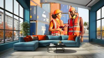 African factory workers or engineers working on tablet in containers warehouse storage Wall mural