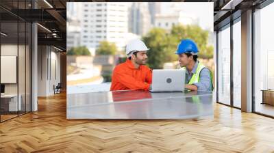 engineers or technicians talking about project with laptop computer and checking solar panels on the top of the roof Wall mural