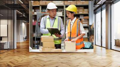 factory workers checking products from clipboard and cardboard box packaging in the warehouse storage Wall mural