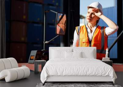 factory workers or engineer feeling tired for working in containers warehouse storage Wall mural