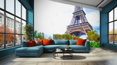 Spring morning with Eiffel Tower and flowers , Paris, France Wall mural