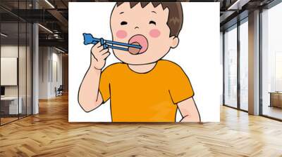 補助箸で唐揚げを食べる男の子2 Wall mural