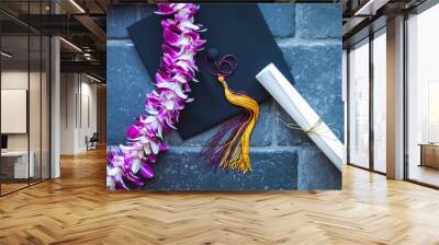 Graduation with mortar, lei and diploma Wall mural