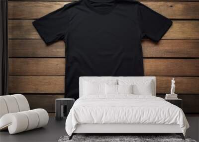 black blank men t shirt mockup, front view with wooden table background Wall mural