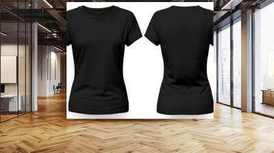 Black blank women t-shirt mockup, front and back view with white background Wall mural