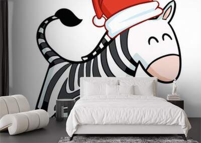 Funny and cute zebra horse wearing Santa's hat and smiling - vector. Wall mural