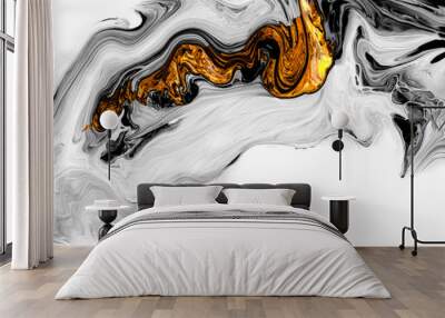 Creative abstract hand painted background, wallpaper, texture, close-up fragment of acrylic painting on canvas with brush strokes. Modern art. Black and white with gold background. Contemporary art. Wall mural