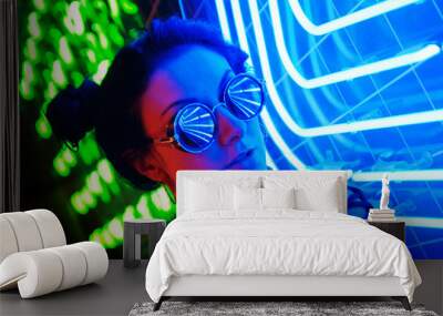 Cinematic night portrait of girl and neon lights Wall mural