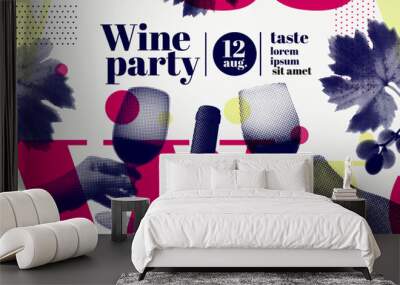 Collage hand holding wine glass, bottle, lips, vine leaves and grapes with retro style, halftone effect. Template for event poster, magazine, cover or promotion. Vector Wall mural