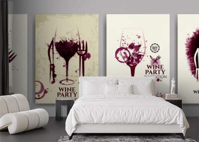 Collection of templates with wine designs, illustration of wine glasses with spots and food symbols. Brochures, posters, invitations, promotional banners, menus. Vector illustration Wall mural