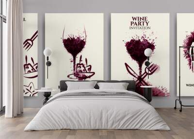 Collection of templates with wine designs, illustration of wine glasses with spots and food symbols. Brochures, posters, invitations, promotional banners, menus. Vector illustration Wall mural