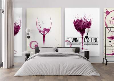 Collection of templates with wine designs. Brochures, posters, invitation cards, promotion banners, menus. Wine stains, drops. illustrations of wine glasses. Wall mural