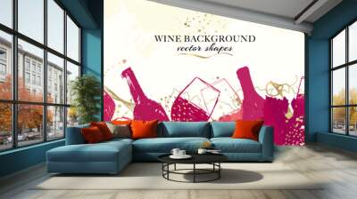 Elegant wine background design. Wide banner with illustration of wine bottles and glasses and golden details. Wall mural