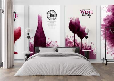 Templates with wine designs. Red wine stains Illustration of glass and bottle of wine. Wall mural