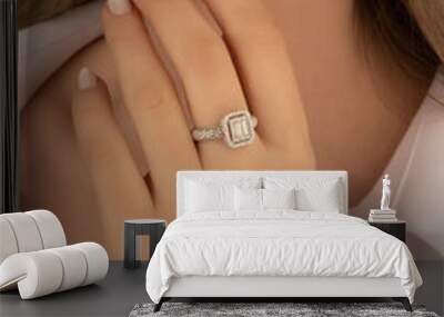 Heart diamond ring, look of a girl wearing beautiful jewelery with precious stones. Wall mural