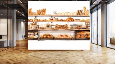 supermarket bakery section with bread and pastries, isolated on a white background. Wall mural