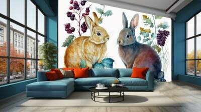 Watercolor set of 2 cute rabbits, hares, plants. Forest baby animals, berries, pines, leaves Wall mural