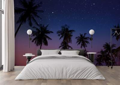 Starry night sky against with coconut palm tree and romantic evening twilight sky Wall mural