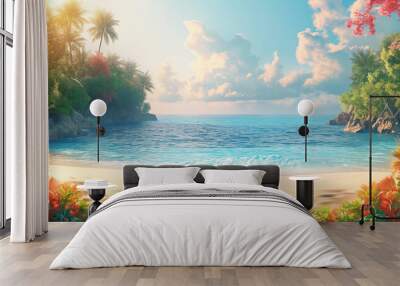 Tropical flower summer season beach banner design advertising , sandy beach background Wall mural