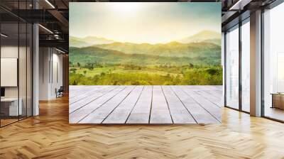 white wooden table top with the mountain landscape Wall mural