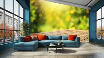 wooden table top with blur orange garden in the morning, for product display Wall mural